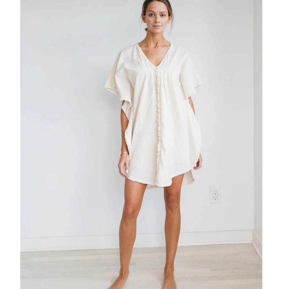 Mirth Bali Cotton Flax Fringed Blend Caftan Oatmeal One Size